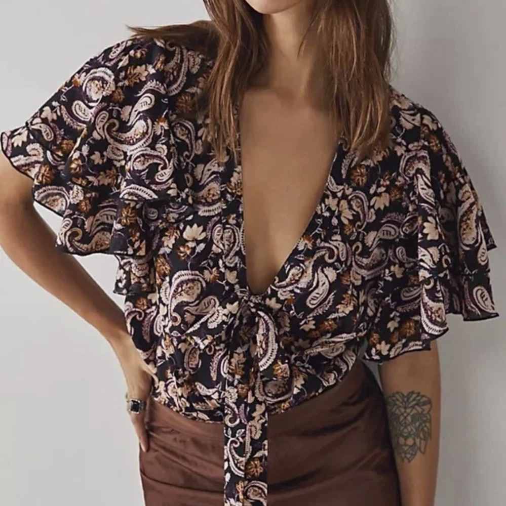 Free People Intimately Flutter Sleeve Tie Front Bodysuit Top
